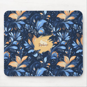 Blue and Gold Abstract Paisley Leaves (3) Mouse Pad
