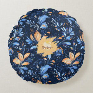 Blue and Gold Abstract Paisley Leaves (3) Round Pillow