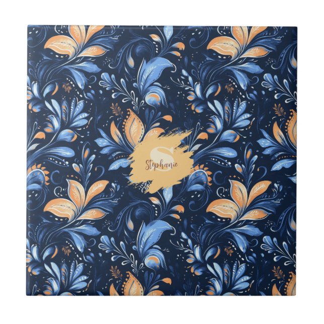 Blue and Gold Abstract Paisley Leaves (3) Tile (Front)