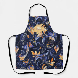 Blue and Gold Abstract Paisley Leaves Apron