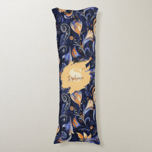 Blue and Gold Abstract Paisley Leaves Body Pillow