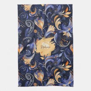 Blue and Gold Abstract Paisley Leaves Kitchen Towel