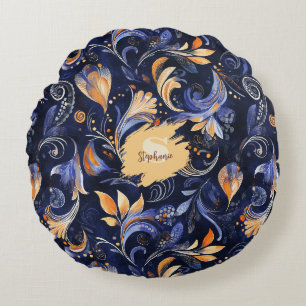 Blue and Gold Abstract Paisley Leaves Round Pillow