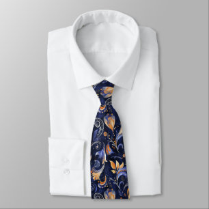 Blue and Gold Abstract Paisley Leaves Tie