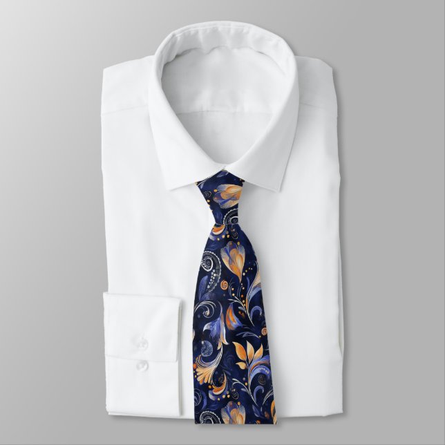 Blue and Gold Abstract Paisley Leaves Tie (Tied)