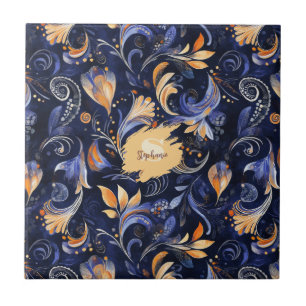 Blue and Gold Abstract Paisley Leaves Tile