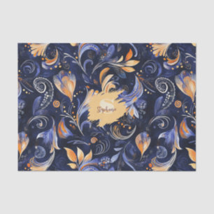 Blue and Gold Abstract Paisley Leaves Tissue Paper