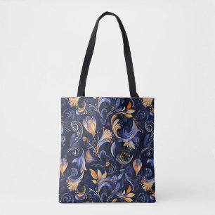 Blue and Gold Abstract Paisley Leaves Tote Bag