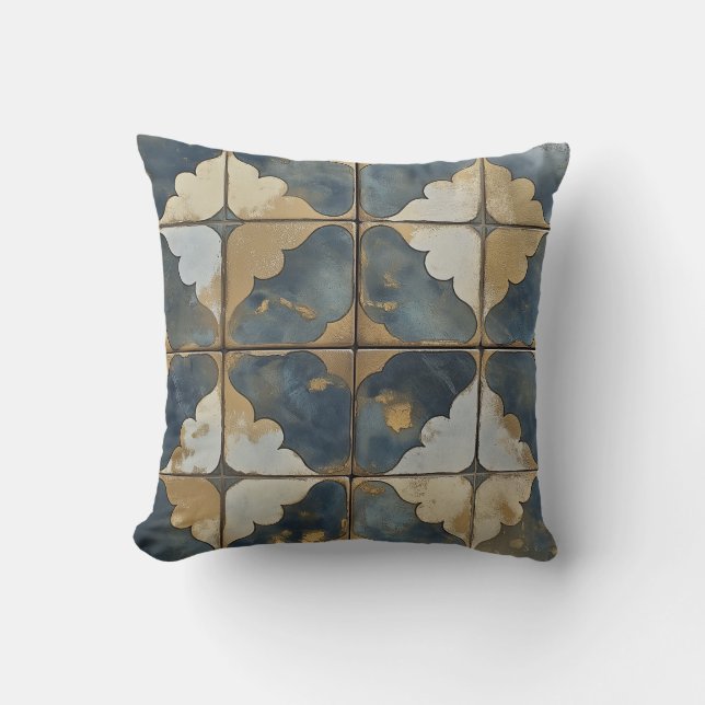 Blue and Gold Abstract Tile Pillow (Front)
