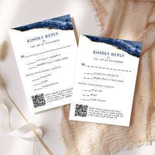 Blue and Gold Agate Bar Mitzvah QR Code, Vertical RSVP Card