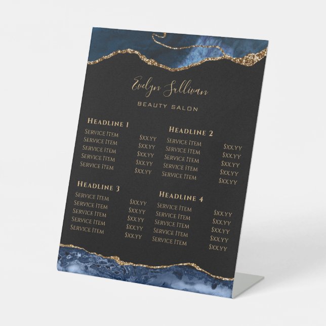 Blue and Gold Agate Beauty Salon Price List  Pedestal Sign (Front)