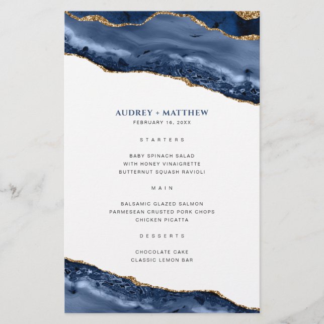 Blue and Gold Agate Border Dinner Menu (Front)