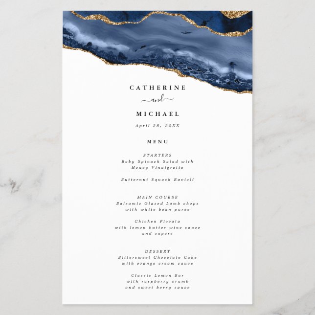 Blue and Gold Agate Border Heavy Paper Menu (Front)