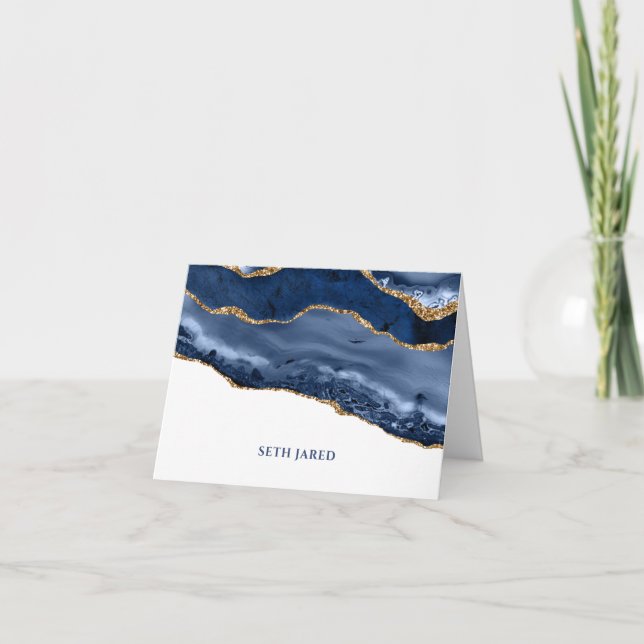 Blue and Gold Agate Border Personalized Folded Thank You Card (Front)