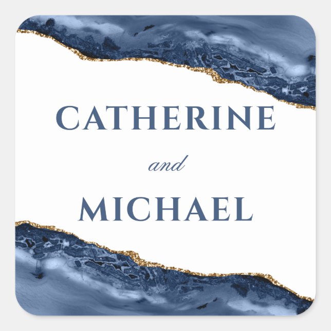 Blue and Gold Agate Border Wedding Favour Square Sticker (Front)