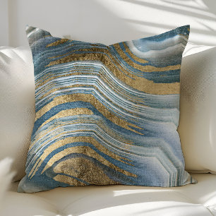 Blue And Gold Agate Gemstone Geode Modern Trendy Throw Pillow