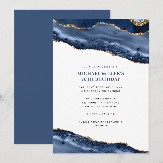 Blue and Gold Agate Geode Border Birthday Invitation (Front/Back)