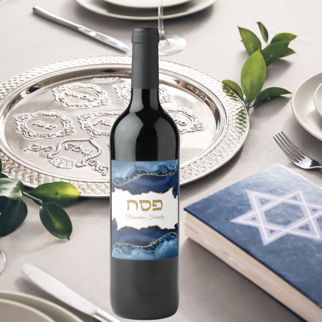 Blue and Gold Agate Hebrew Passover Seder Wine Label (Creator Uploaded)