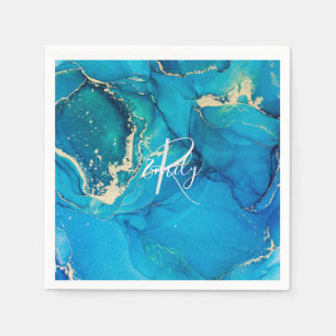 Blue and Gold Agate Marble Abstract Name Monogram Napkin