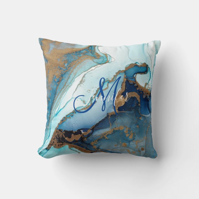 Blue and Gold Agate Marble Geode Kintsugi Monogram Throw Pillow (Front)