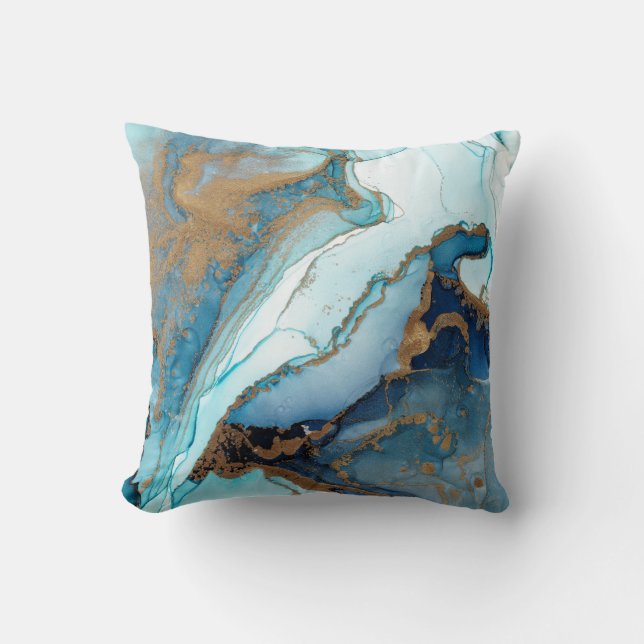 Blue and Gold Agate Marble Geode Kintsugi Throw Pillow (Front)