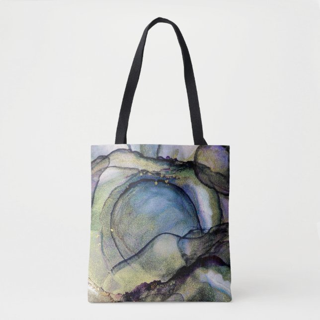 Blue and Gold Alcohol Ink Liquid Abstract Art Tote Bag (Front)