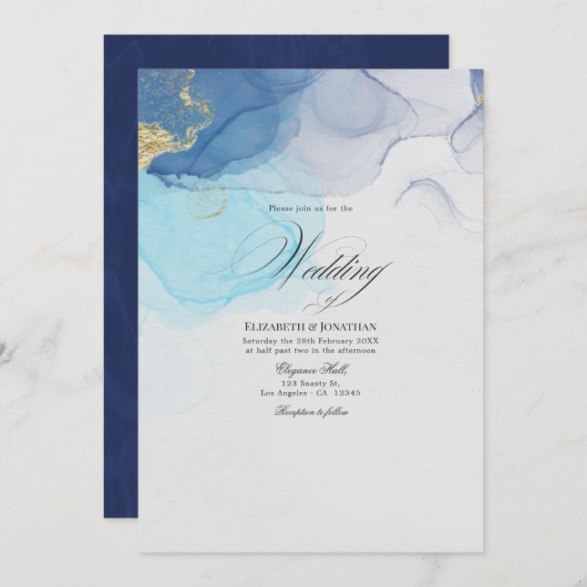 Blue and Gold Alcohol Ink Wedding Invitation (Front/Back)