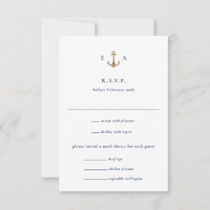 Blue and Gold Anchor Nautical Coastal Wedding RSVP Card