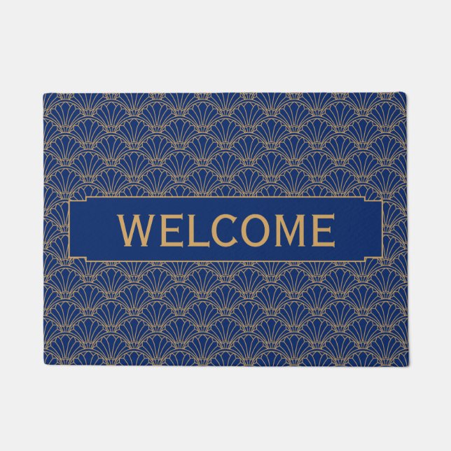 Blue and Gold Art Deco Fan Flower Motif Doormat (Front)