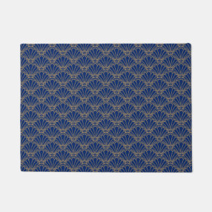 Blue and Gold Art Deco Fan Flower Motif  Doormat