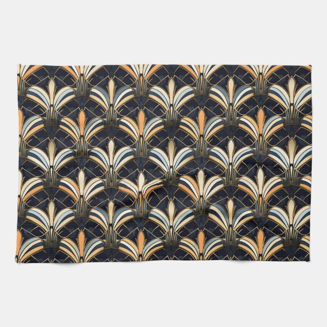 Blue and Gold Art Deco Kitchen Towel (Horizontal)