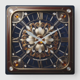 Blue and Gold Art Deco Luxury Amber Gemstone Square Wall Clock