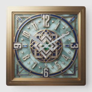 Blue and Gold Art Deco Luxury Turquoise Gemstone Square Wall Clock