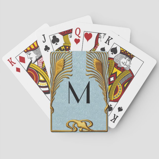 Blue and Gold Art Deco Monogram Playing Cards (Back)