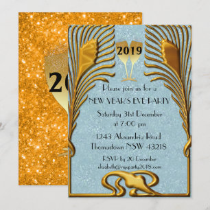 Blue and Gold Art Deco New Year's Eve Invitation