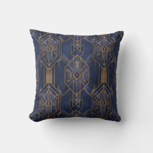 Blue and Gold Art Deco Pattern 2 Throw Pillow