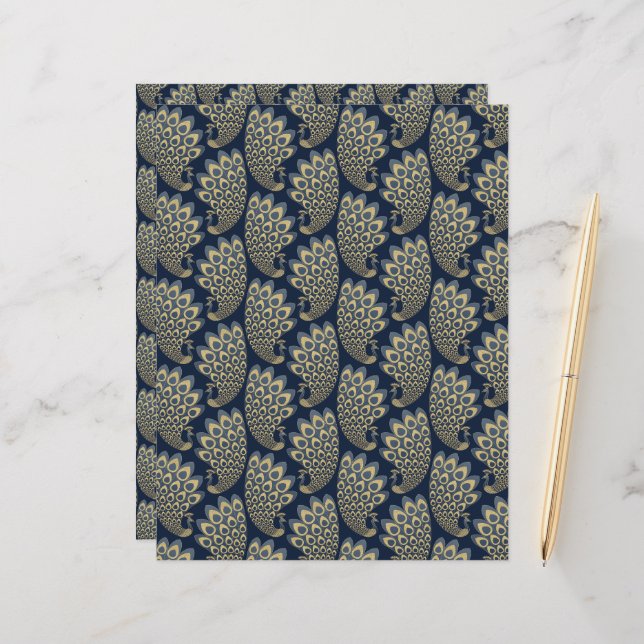 Blue and Gold Art Deco Peacock Scrapbook Paper (Front/Back In Situ)