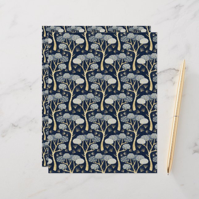 Blue and Gold Art Deco Pine Trees Scrapbook Paper (Front/Back In Situ)