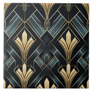 Blue and Gold Art Deco, Shiny and Dark Tile