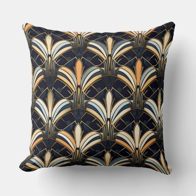 Blue and Gold Art Deco Throw Pillow (Front)