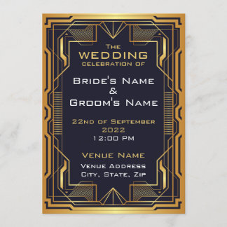 Blue and Gold Art Deco Wedding Invitation