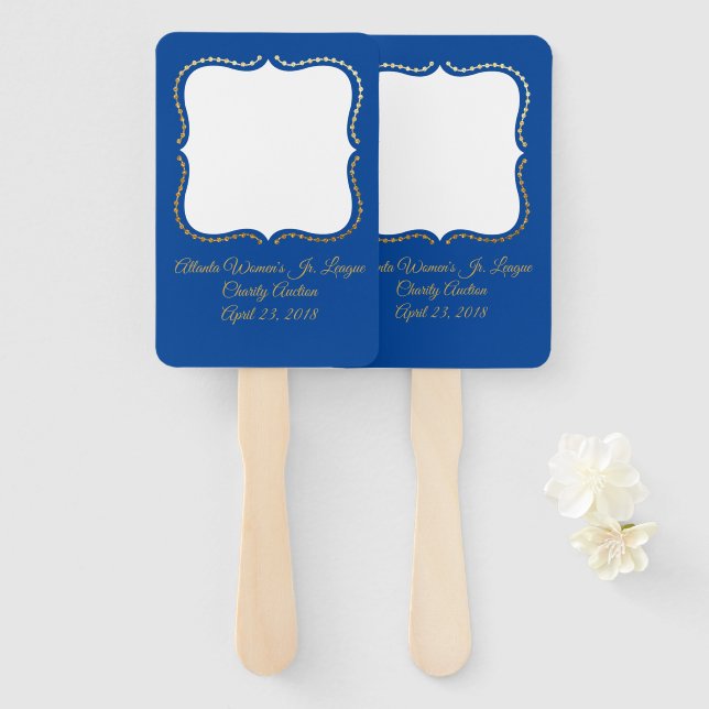 Blue and Gold Auction Paddle Hand Fan (Front and Back)