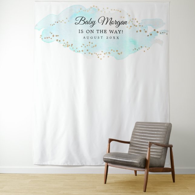 Blue and Gold Baby Shower Backdrop Photo Prop Tapestry (In Situ)