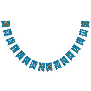 Blue and Gold Baby Shower Welcome World Footprint Bunting Flags