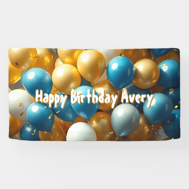 Blue and Gold Balloons | Personalized Birthday Banner (Horizontal)