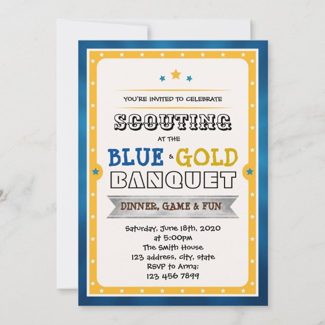 Blue and gold banquet party invitation (Front)
