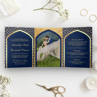 Blue and Gold Bollywood Style Indian Wedding Tri-Fold Invitation