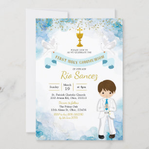 Blue and Gold boy first communion Invitation