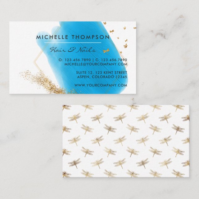  Blue and Gold Brushstrokes Square Business Card (Front/Back)