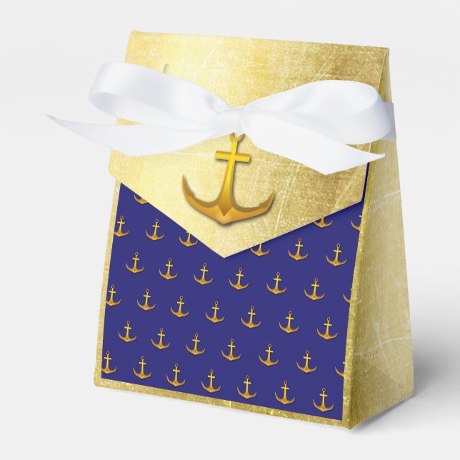 Blue and Gold Candy Favour Box Nautical Anchors (Front Side)